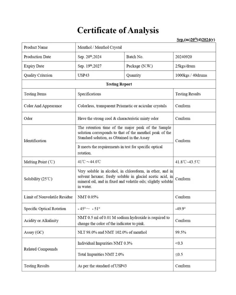 Kristal Mentol Analiz Sertifikası